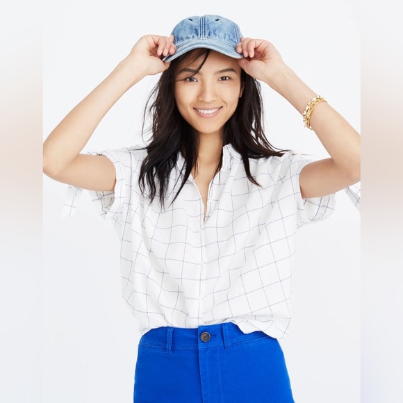 Madewell Central Tie-Sleeve Shirt Windowpane Blue Size Medium Checked Oversized - Picture 1 of 9